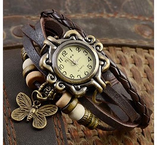 (TM)Eplayer? Coffee Vintage Bronze Womens Ladies Weave Wrap Leather Bangle Bracelet Quartz Watch