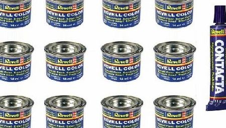 Revell Any 12 Revell Enamel Model Paints - 12 Tins of Revell Paint for Scale Modelling and 13g Tube of Contacta Glue - You Choose The Colours
