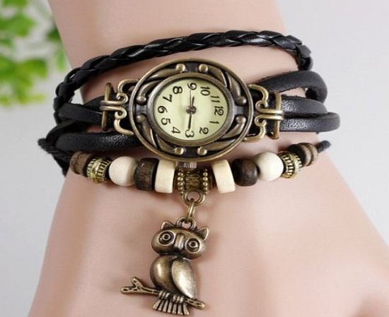 Revesun Vintage Quartz Fashion Owl Pendant Weave Wrap Around Leather Women Bracelet Fashion Wrist Watch Free Shipping (Black)
