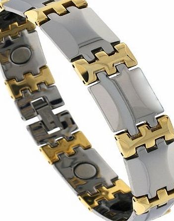 Revoni Tungsten Carbide Magnetic Therapy Bracelet, 2-Tone Gun Metal amp; Gold w/ Bar Links, (13 mm) wide, 8 inches/20.32 centimeters Long