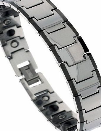 Revoni Tungsten Carbide Magnetic Therapy Bracelet w/ Black Edge Bar Links, (15 mm) wide, 8 inches/20.32 centimeters Long