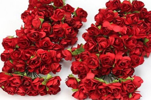 RHX 144pc Chic Mini Artificial Paper Rose Flower Wedding Card Decor Craft DIY - Red