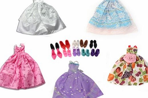 RHX Cute 15 Items = 5 Pcs Fashion Handmade Dresses 5 Shoes 5 hangers For Barbie Doll