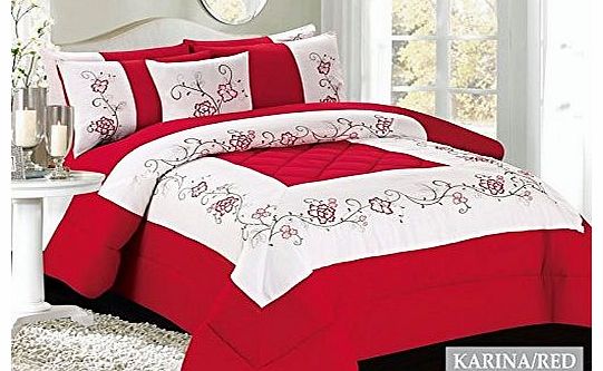 Luxury 3pcs Red & Ivory Embriodered Quilted Bed Spread Bedspread / Comforter Set + 2 Pillow Shams / Double & King Size (King)