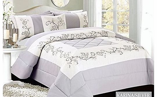 Luxury 3pcs Silver & Ivory Embriodered Quilted Bed Spread Bedspread / Comforter Set + 2 Pillow Shams / Double & King Size (King)