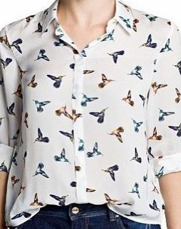 richmondcup Womens New Style Spring Summer Elegant Fashion Birds Printed Long Sleeve Turn-down Collar Chiffon Shirt Blouse Top