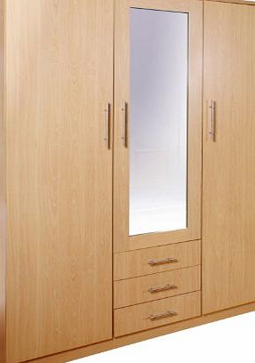 Right Deals UK Las Vegas Beech Bedroom Furniture Range - 3 Door Wardrobe with Mirror and 3 Drawers - Mirrored Combi Robe
