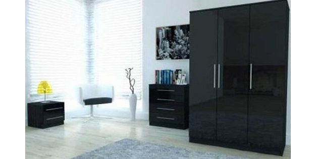 Right Deals UK Toro 3 Piece Bedroom Set Black High Gloss Triple Wardrobe Bedside Cabinet Chest