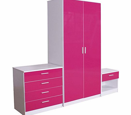 Right Deals UK Trio Pink High Gloss amp; White Frame 3 Piece Bedroom Furniture Set