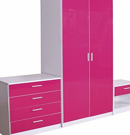 Rightdeals 3 Piece Set - Ottawa Caspian Pink / White Gloss Bedroom Furniture Package