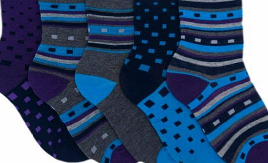 Rjm 5 Pack Boys Blue, Grey amp; Purple Geometric Checked Socks Size 9-12