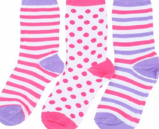 Rjm  3 Pack Girls Spot amp; Striped Socks pink, lilac amp; white 12.5-3.5