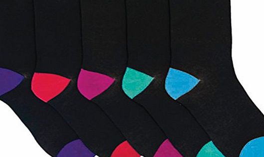 Rjm  Ladies 5 Pack Cotton Rich Socks Black with Multicoloured Heels amp; Toes 4-7