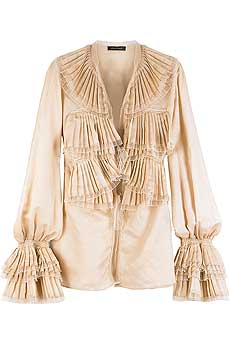 Blush silk blend blouse with Victorian ruffles on front and cuffs.