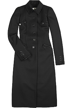 Black wool single-breasted coat with a beaded trim on the pockets.