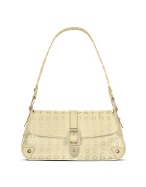 Beige Signature Stamped Leather Flap Shoulder Bag