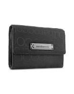 Roccobarocco Black Signature Plate Leather and Canvas Flap Wallet