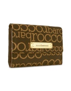 Roccobarocco Brown Signature Plate Leather and Canvas Flap Wallet