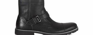 Zip black textured leather buckle boots