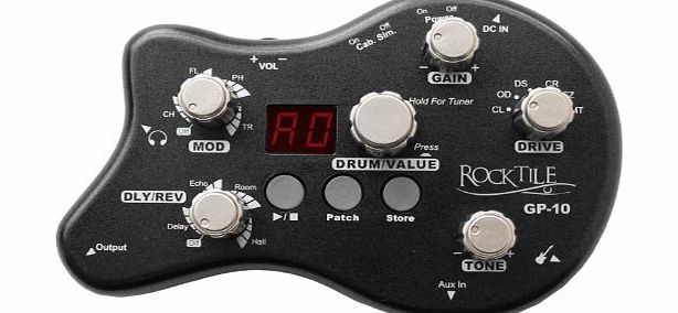 Rocktile GP-10 guitar multi effects unit / Headphone Amplifier Amp (8 Effect Types: Chorus, Flanger, Phaser, Tremolo, Delay, Echo, Room, Hall drum loop player with 40 rhythms, belt clip, power supply