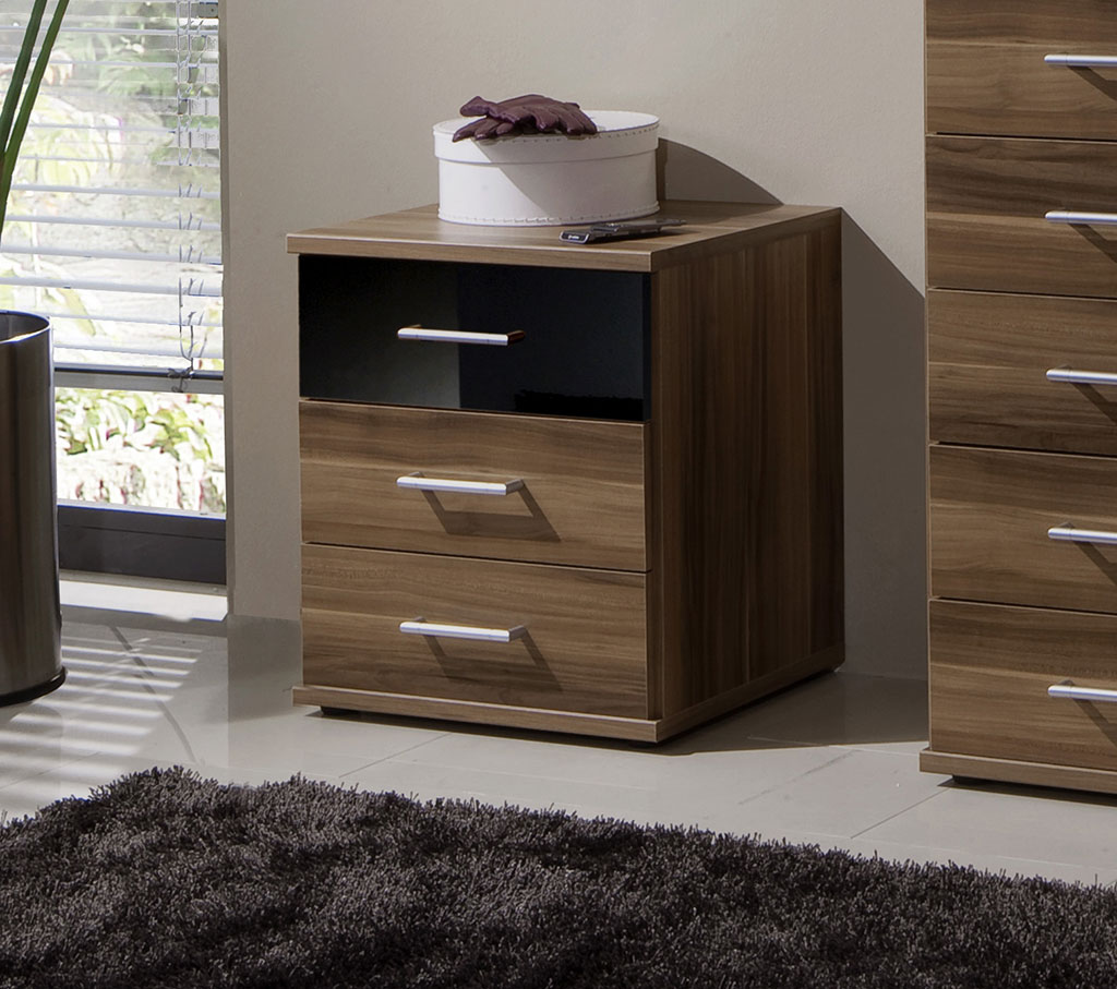 walnut and black gloss 3 drawer bedside table