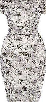 - Womens Ruched Waist Printed Dress Ivory - Cocktail Vintage 1950 Designer - Bridesmaids Bridal Guest Cheap - Petite Designer Boutique Celebrity - Bodycon Bandage Knee Length - Ladies