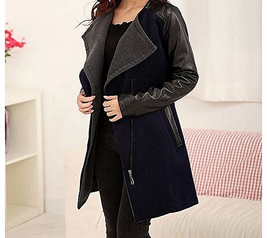 Rondaful Fashion Women Long PU Leather Sleeve Jacket Slim Coat Parka Trench Windbreaker