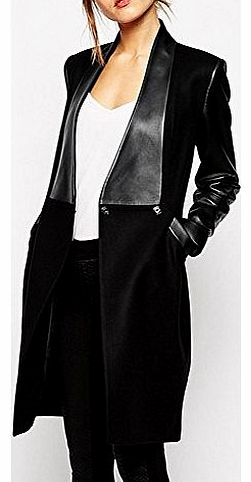 Rondaful Womens ladies Black Leather Fur Collar Wool Long Coat Lapel Zipper Nice Jacket
