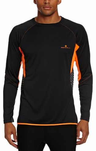 Ronhill Mens Vizion Crew Long Sleeve T-Shirt - Black/Fluorescent Orange, Medium