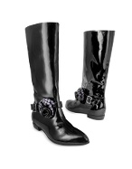 Houndstooth Flower Black Patent Eco-Leather Boots