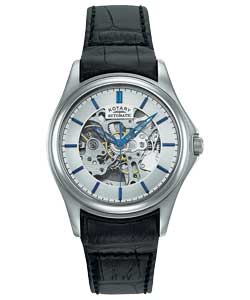 Gents Skeleton Dial Black Leather Strap