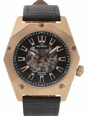 Rotary Mens Fusion Brown Strap Skeleton Watch