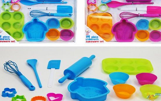 RSW 14 Piece Childrens Silicone Bakeware Baking Set - Cupcake Cake Cutters Cookie Moulds
