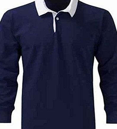 RUGBY SHIRT Mens Premium Cotton Rugby Shirts - SPORT WORK CASUAL - Size XL - EXTRA LARGE, Color NAVY BLUE / WHITE COLLAR