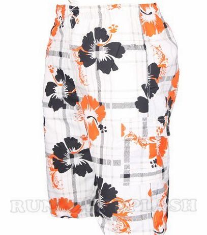 Runway Splash MENS BOYS SUMMER FLORAL SURF BOARD BEACH ELASTICATE SWIM CARGO LONG SHORT M-3XL[Orange,XXLarge]