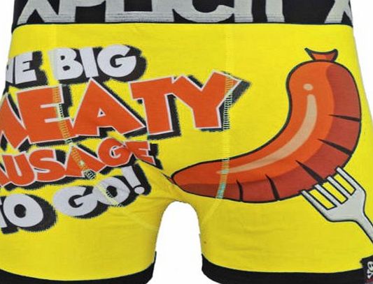 MENS XPLICIT RUDE NOVELTY CROSSHATCH BOXER SHORTS TRUNKS FUNNY UNDERWEAR GIFT[Sausage/Yellow,L]
