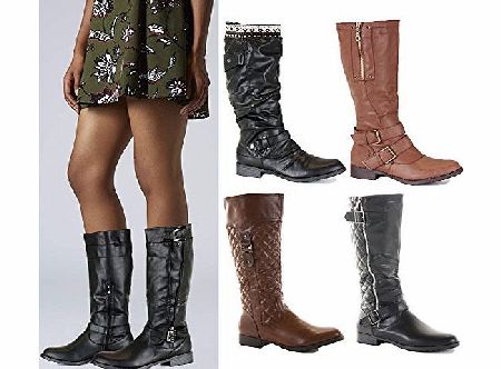 Runway9 Ladies Womens Flat Winter Biker Riding Calf Knee High Boots Style 2 Tan Size 6