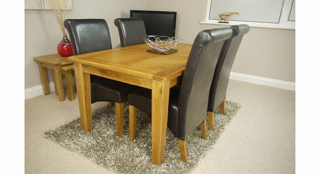 RUSTIC OAK RUSTIC - OAK FIXED TABLE DINING SET WITH 4 BLACK LEATHER CHAIRS / SCROLL BACK