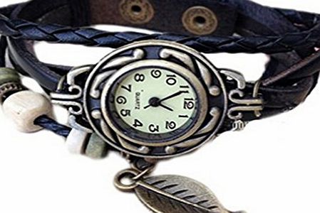 ryanwayland  Elegant Ladies Bronze Boho Chic Vintage Inspired Bracelet Watch with Leaf (Black)