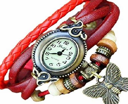 ryanwayland  Elegant Women Boho Chic Vintage Inspired Leather Rope Wrist Bracelet Oval Watch with Butterfly (Red)