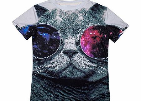 3D Cool Cat Animals Sweatshirts Space Print Pullovers T-Shirt Tee Tops Shirts(XL, Cool Cat-short sleeve)