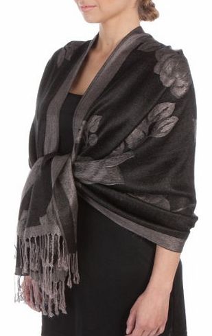Sakkas FUPashRose06AG Sakkas Lightweight Two Tone Rose Floral Design Pashmina Fringe Scarf / Stole / Wrap - Black / Gray