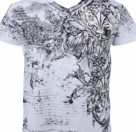 TG327V Vines and Fleur De Lis Metallic Silver Embossed Short Sleeve V-Neck Cotton Mens Fashion T-Shirt - White / XX-Large