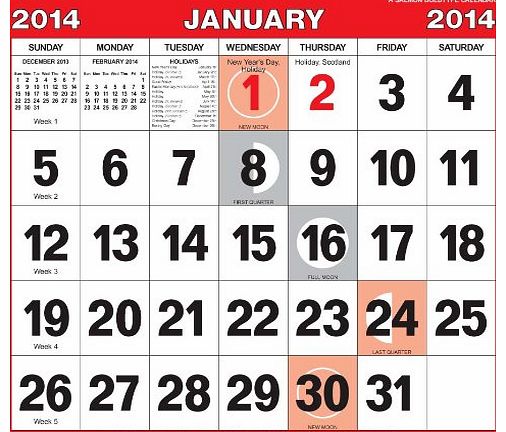 2014 small boldtype black and red calendar - one month to view