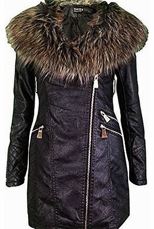 New Womens Collared Fur PU Coat Ladies Faux Leather Biker Jacket