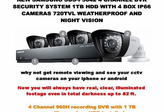 SS300 - SAMSUNG SDS-P3042 4 CHANNEL DVR SECURITY SYSTEM 1TB HDD WITH 4 BOX IP66 CAMERAS 720TVL WEATHERPROOF AND NIGHT VISION