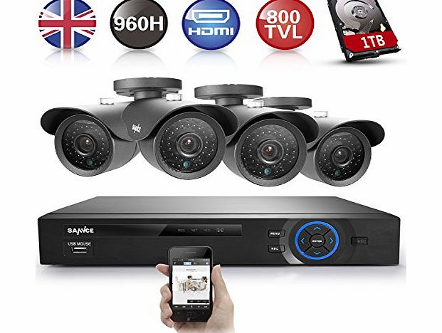 SANNCE 4CH Full 960H Video DVR W/ 1TB HDD QR Code Scan Easy Setup Security System with 4 Weatherproof 800TVL Outdoor 110ft Super CCTV Cameras Home Surveillance System Quick Remote Access