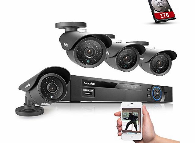 SANNCE 8CH Security Surveillance 960H DVR with 1TB HDD System and 4 Outdoor 800TVL Weatherproof Cameras Built-in IR-Cut Filter, Free DDNS / P2P Function / QR Code Scan / Easy PC Remote Access