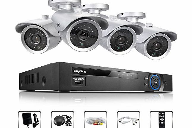 SANNCE Home 4-Channel 960H Surveillance DVR System and 4 Weatherproof Color CCTV Cameras, P2P Function/ QR Code Quick Scan/ Easy PC Remote Access (NO HDD-Silver)