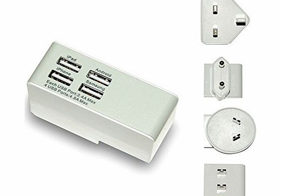  24W 5V/4.8A Quad-Port Worldwide International Mains Wall Charger Portable Travel USB charger usb Power Adapter USB charging Station with Swivel plug Mains Power Socket outlet (US, UK, EU, AU) f